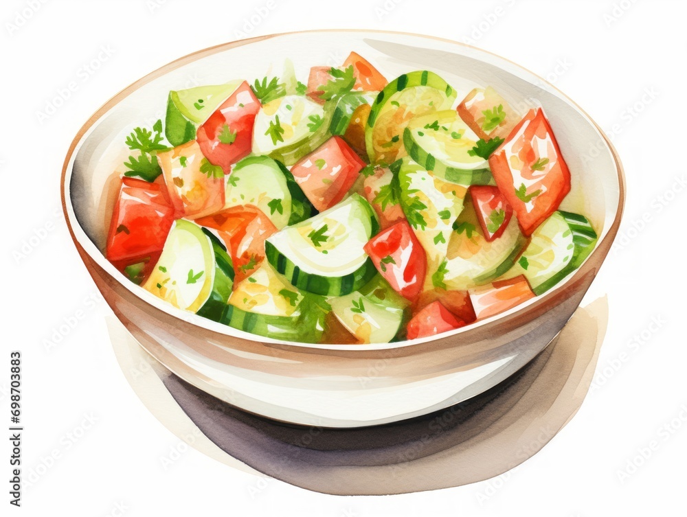 Minimalistic Watercolor Illustration of a Bowl of Tomato and Cucumber Israeli Salad AI Generated
