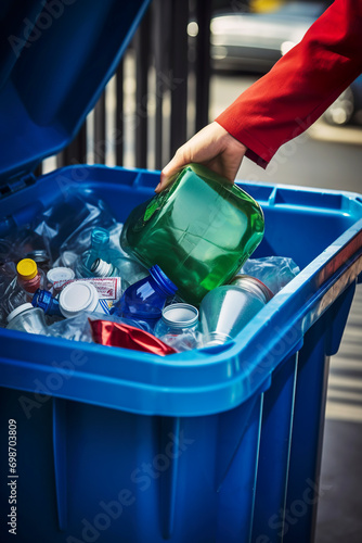 Generative AI illustration of an anonymous person in a red sleeve recycling a green plastic bottle, placing it into a blue bin filled with assorted recyclables photo