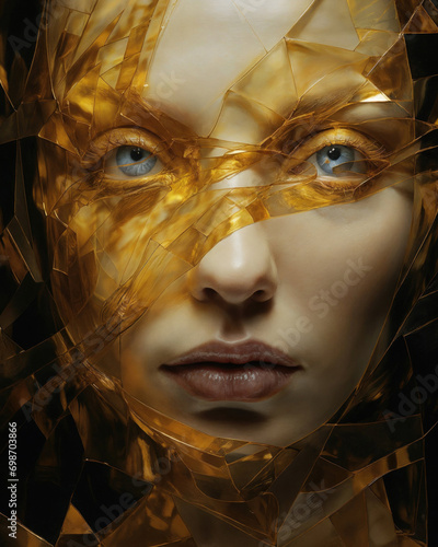 Generative AI image of a woman's face adorned with a fragmented golden mask, capturing a striking contrast between human softness and metallic sharpness. photo