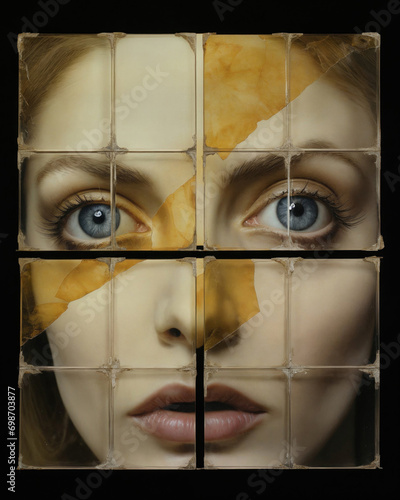 Generative AI-created image of a woman’s face artistically divided into squares with a translucent paper overlay, adding depth and emotion. photo