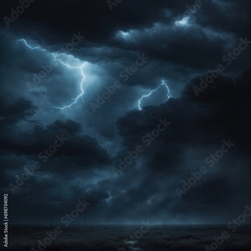 Black dark blue dramatic night sky. Gloomy ominous storm rain clouds background. Cloudy thunderstorm hurricane wind lightning