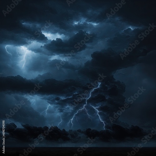 Black dark blue dramatic night sky. Gloomy ominous storm rain clouds background. Cloudy thunderstorm hurricane wind lightning
