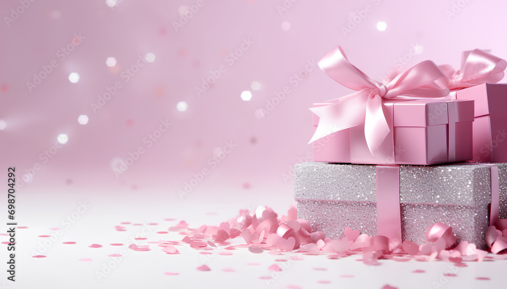 Fototapeta premium Pink gift box ribbon and bow, sparkling confetti on pink blurred background for digital web banner. Celebration birthday, Valentine's day, Christmas, wedding concept of discounts with space for text