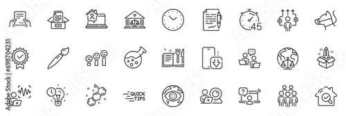Icons pack as Dog leash, Court building and Timer line icons for app include Business way, Receive file, Chemistry lab outline thin icon web set. Certificate, Magistrates court. Vector