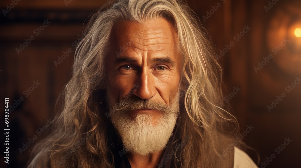 Elegant smiling elderly man with gray and long hair with perfect skin, on a golden background, banner. Elegant smiling elderly man with gray and long hair with perfect skin, on a golden background, banner.