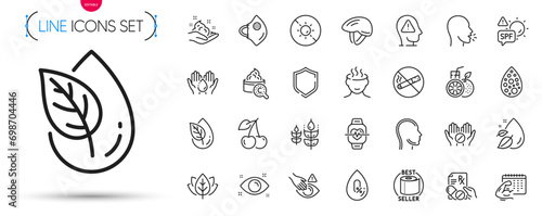 Pack of Gluten free, Head and Organic product line icons. Include Wash hands, No alcohol, Cherry pictogram icons. Dont touch, Medical tablet, Bicycle helmet signs. Cough, Skin care. Vector