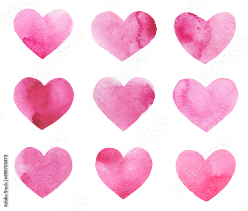 Set of watercolor hand drawn hearts on transparent background 