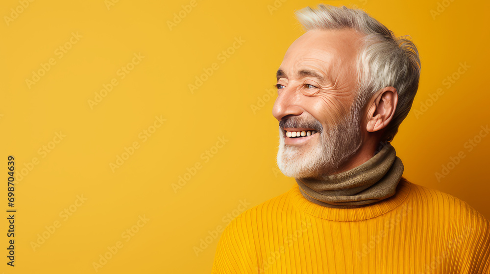 Elegant smiling elderly blond Caucasian with gray hair with perfect skin, on yellow background, banner. Elegant smiling elderly blond Caucasian with gray hair with perfect skin, on yellow background, banner.
