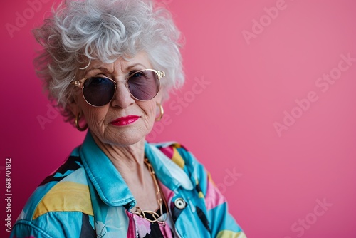 Groovy Grandma: 80s Dance Attire and Sunglasses on Pink