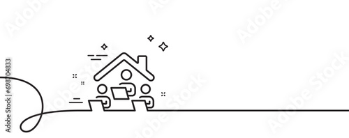 Work at home line icon. Continuous one line with curl. Teamwork sign. Remote office symbol. Work home single outline ribbon. Loop curve pattern. Vector