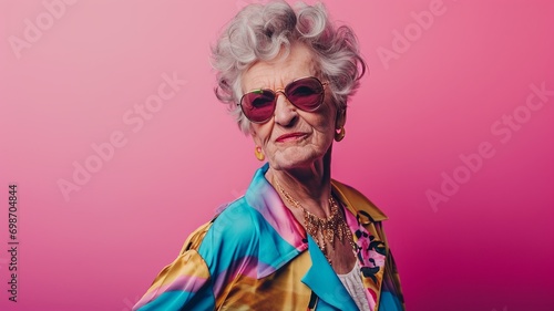 Groovy Grandma: 80s Dance Attire and Sunglasses on Pink