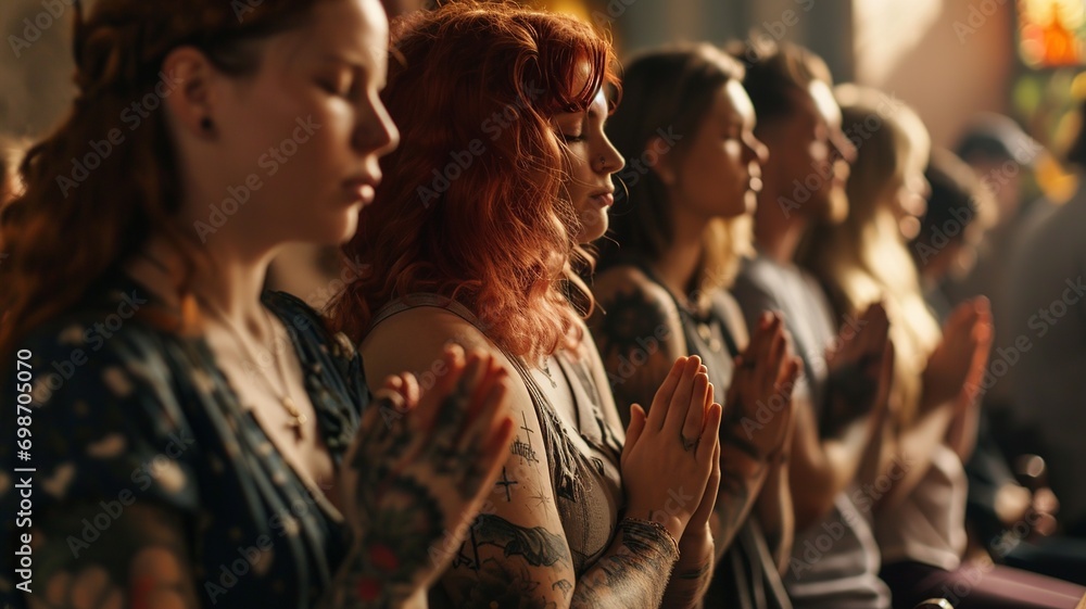 Bound by Faith: Group of Young Tattooed Friends Praying Together in a Church