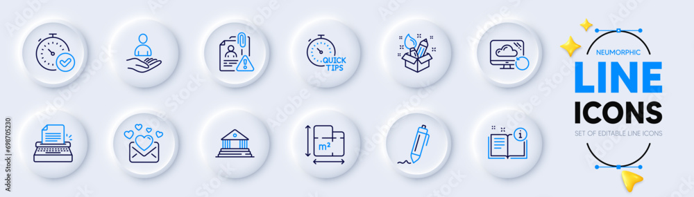 Fast verification , Search employee and Court building line icons for web app. Pack of Creativity, Typewriter, Quick tips pictogram icons. Signature, Floor plan, Love mail signs. Vector - obrazy, fototapety, plakaty 