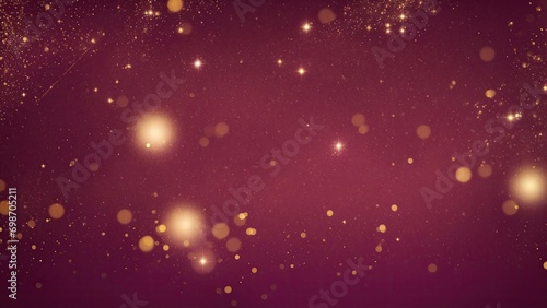 Maroon background with golden sparkling particles and bokeh lights. background with gold foil texture