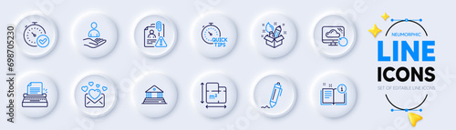 Fast verification , Search employee and Court building line icons for web app. Pack of Creativity, Typewriter, Quick tips pictogram icons. Signature, Floor plan, Love mail signs. Vector