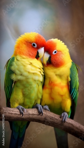 A pair of parrots engaged in a tender moment, their beaks touching in a display of affection. © Teddy Bear
