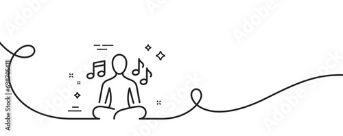 Yoga music line icon. Continuous one line with curl. Meditation pose sign. Relax body and mind symbol. Yoga music single outline ribbon. Loop curve pattern. Vector