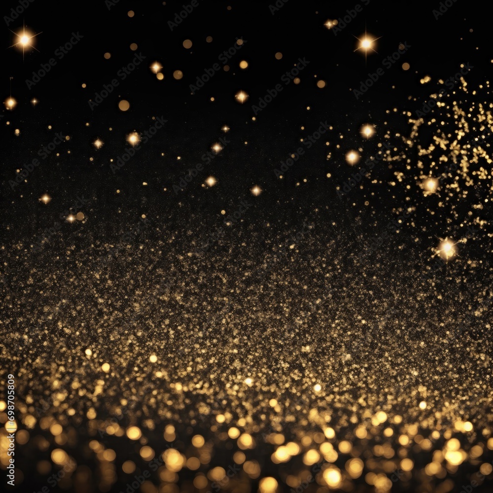 Naklejka premium Black background with golden sparkling particles and bokeh lights. background with gold foil texture