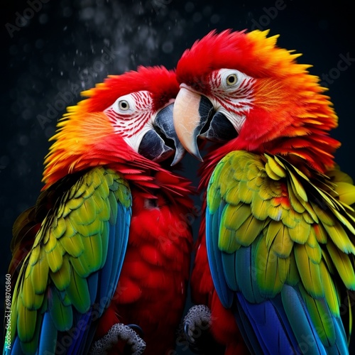 A pair of parrots sharing a tender moment, their colorful beaks touching in a display of affection. © Teddy Bear