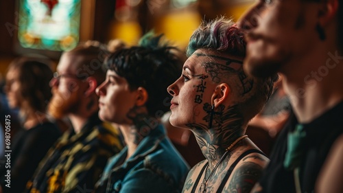 Diverse Expression  Young Tattooed Individuals at a Baptism Ceremony