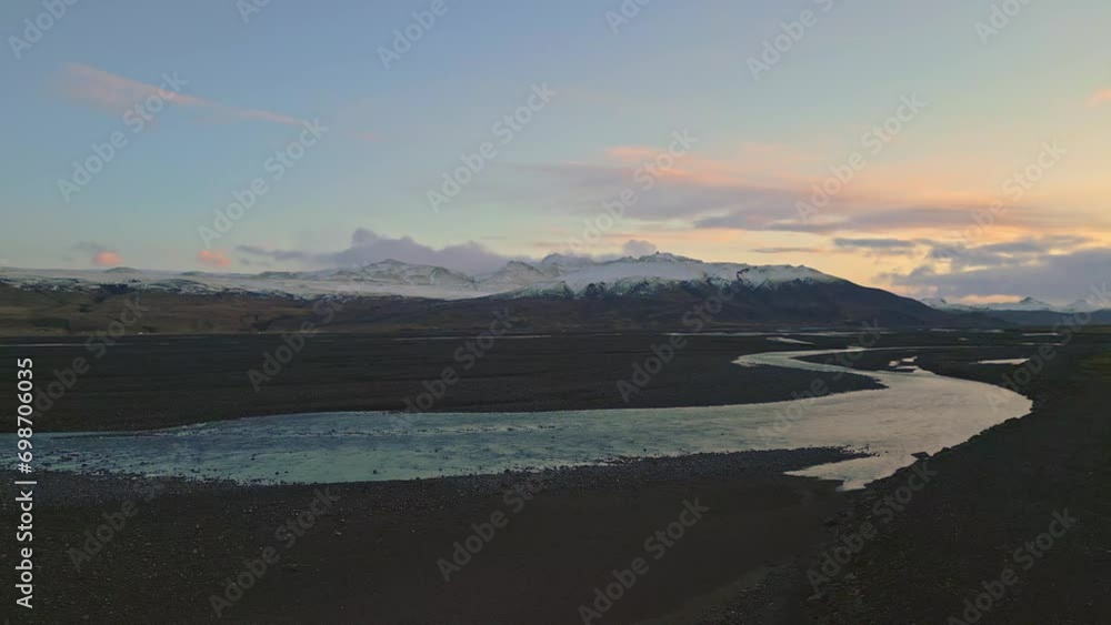 From above aerial drone view of river on landscape of Thorsmork in the Icelandic Highlands during sunset From above aerial drone view of river on landscape of Thorsmork in the Icelandic Highlands during sunset