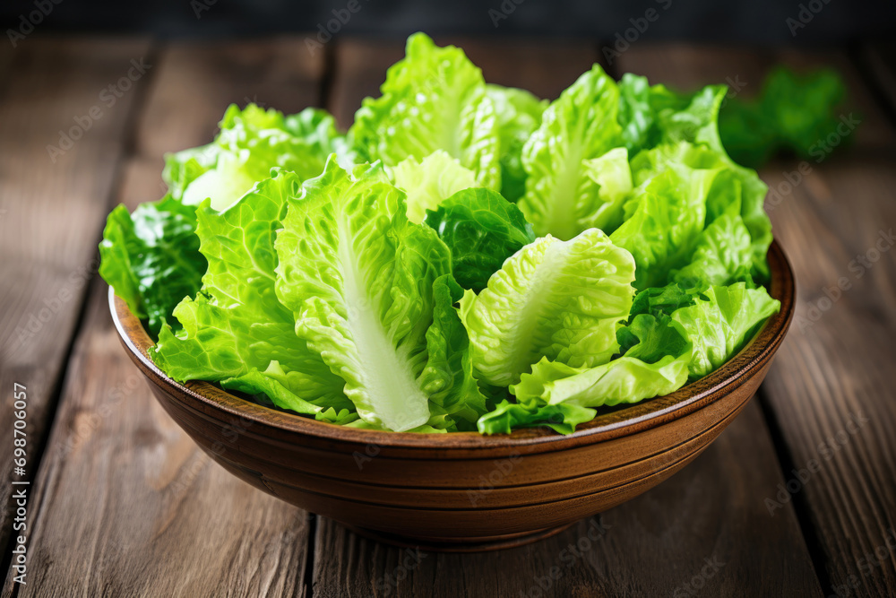 Fresh green salad in a bowl on a wooden table