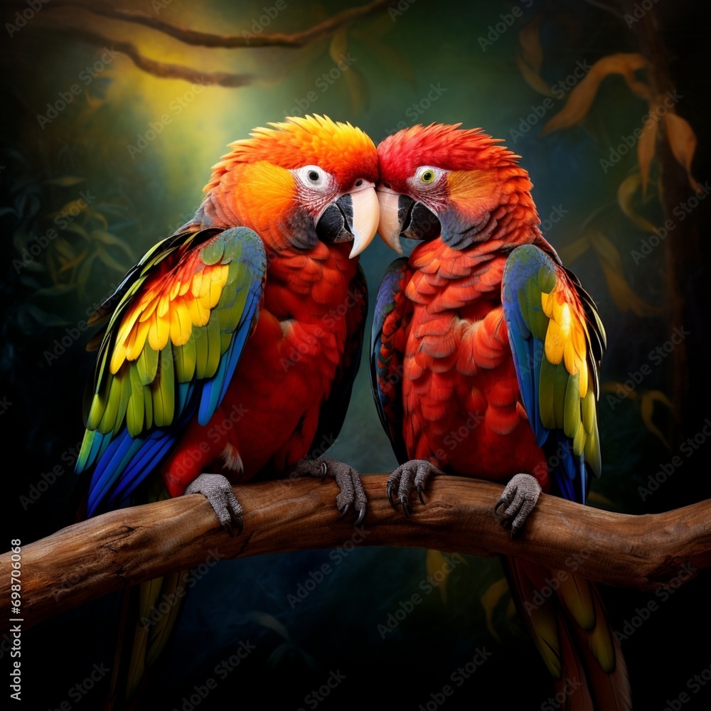 A pair of parrots sharing a tender moment, their colorful beaks touching in a display of affection.