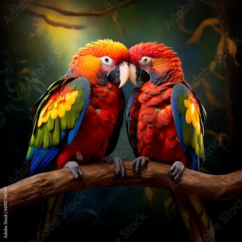 A pair of parrots sharing a tender moment, their colorful beaks touching in a display of affection. © Teddy Bear