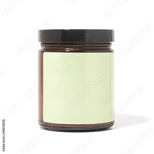 Amber Glass Candle Jar on White background with blank blue label