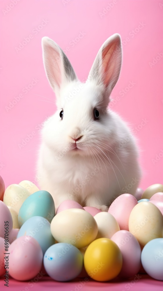 Little white bunny with fluffy fur and Easter eggs on a pink background, Easter or greeting card. Little white bunny with fluffy fur and Easter eggs on a pink background, Easter or greeting card.
