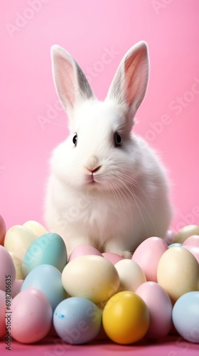 Little white bunny with fluffy fur and Easter eggs on a pink background, Easter or greeting card.
