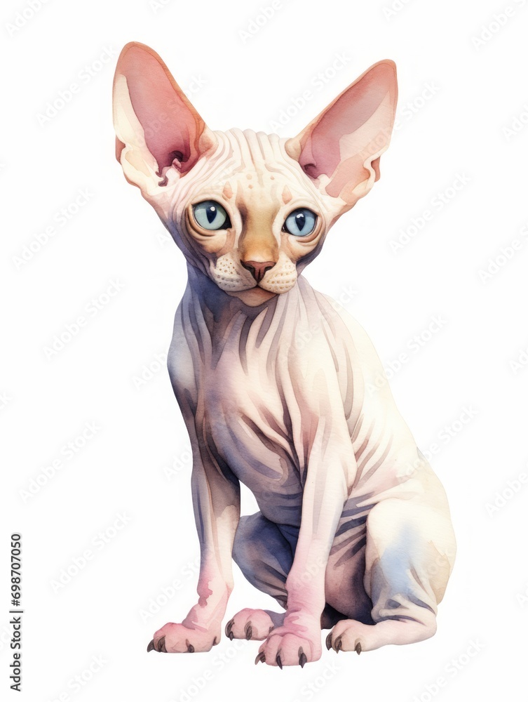 Curious Sphynx Cat Exploring Surroundings in Watercolor Illustration AI Generated