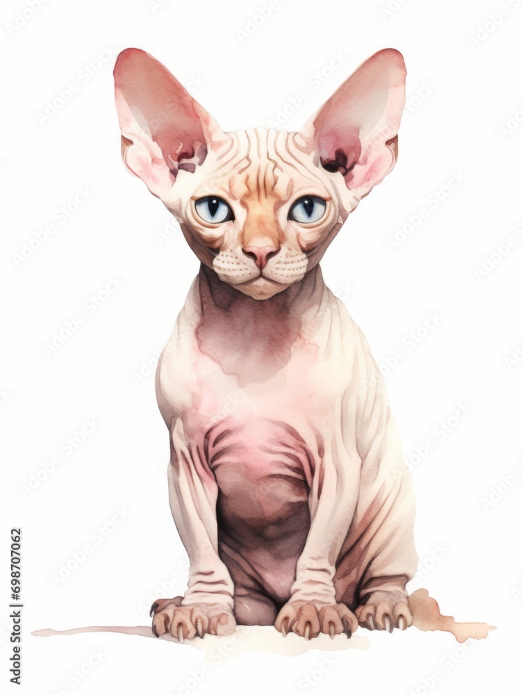 Curious Sphynx Cat Exploring Surroundings in Watercolor Illustration AI Generated