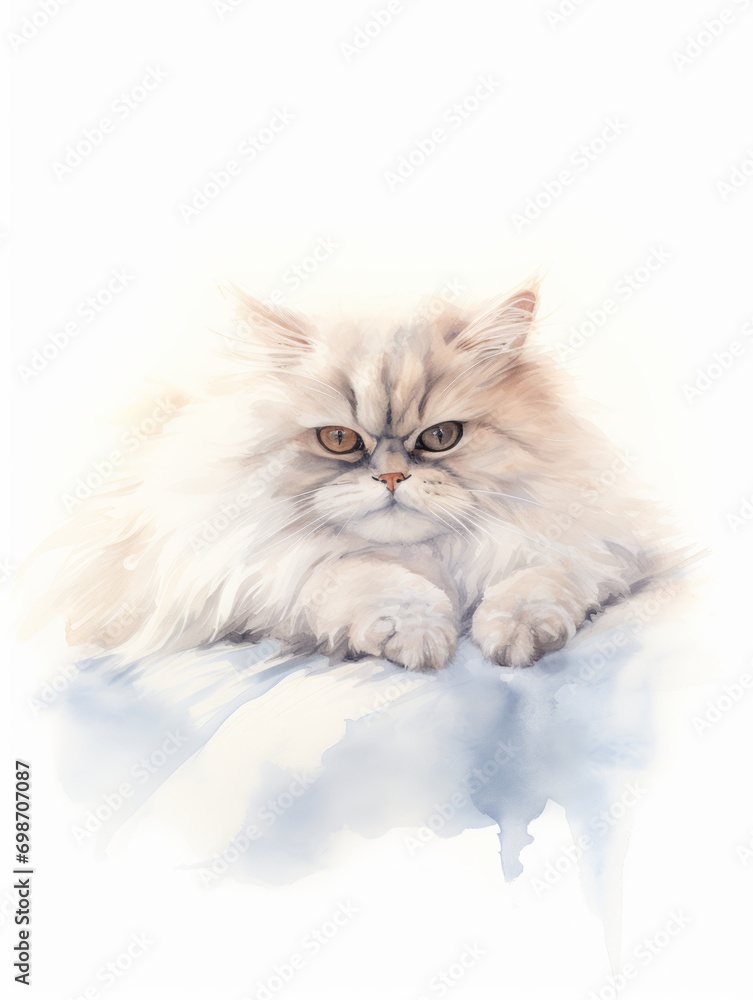 Minimalistic Watercolor Illustration of a Fluffy Persian Cat Resting on a Pillow AI Generated
