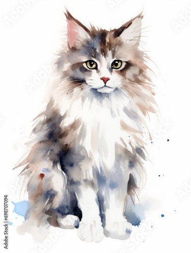 Minimalistic Superb Watercolor Illustration of a Sitting Fluffy Norwegian Forest Cat Against a Plain White Background AI Generated