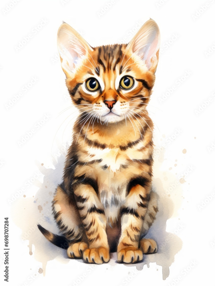 Minimalistic Superb Watercolor Illustration of a Playful Toyger Cat with Striking Tigerlike Stripes AI Generated
