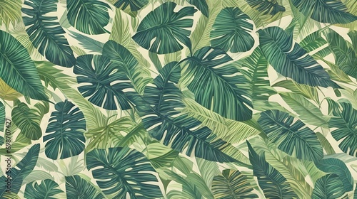 Tropical exotic seamless pattern with dark golden and green vintage palm leaves for product presentation, backdrop, wallpaper and fabric painting. Hawaiian theme background photo