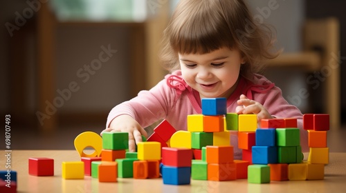 Cheerful Young Child with Down Syndrome Engaged in Playful Activity Using Colorful Cubes at Home