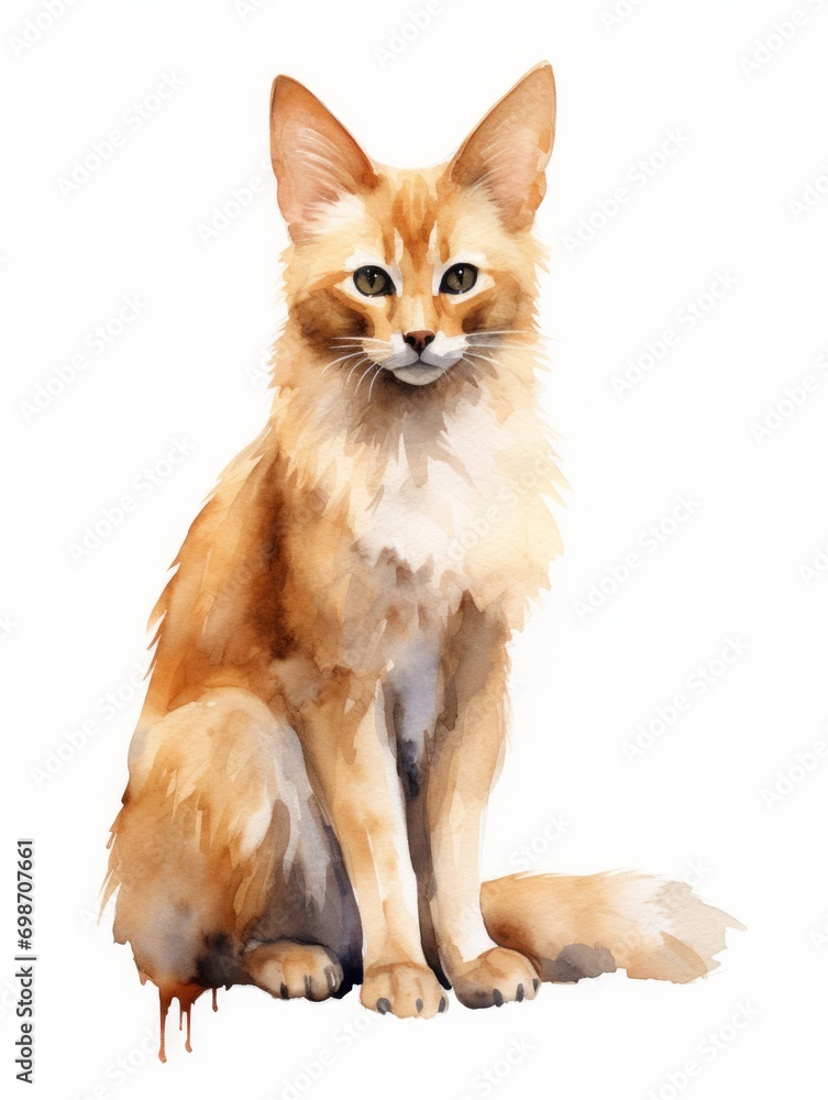 Minimalistic Superb Watercolor Illustration of a Sitting Somali Cat AI Generated