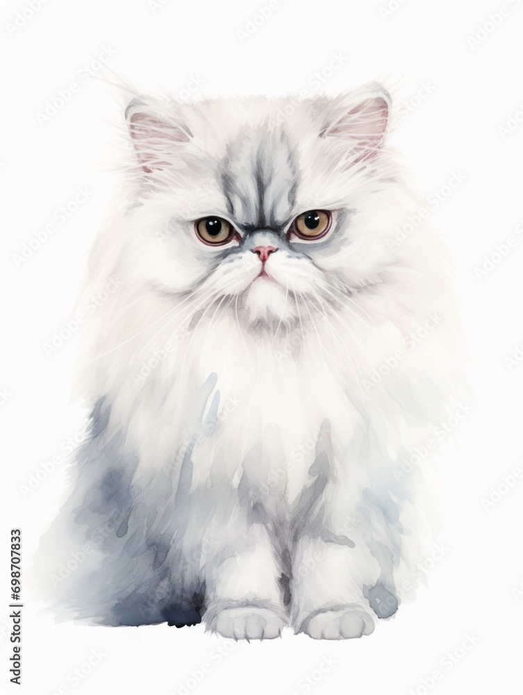 Minimalistic Superb Watercolor Illustration of a Sitting Persian Cat with a Regal Fluffy Mane AI Generated