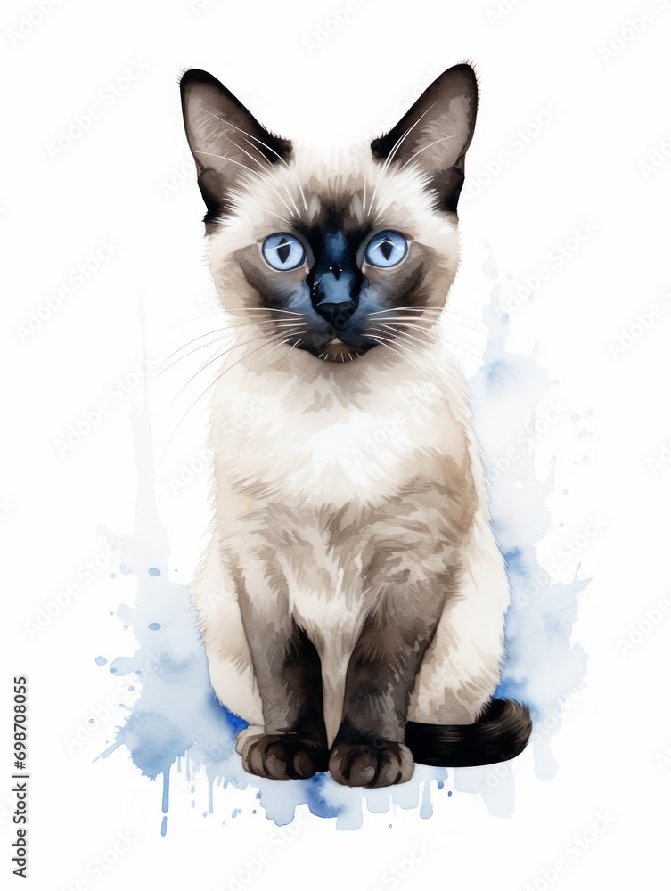 Minimalistic Watercolor Illustration of a Siamese Cat with Striking Blue Eye AI Generated