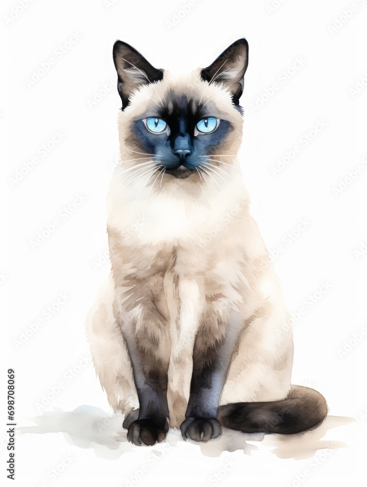 Minimalistic Watercolor Illustration of a Siamese Cat with Striking Blue Eye AI Generated