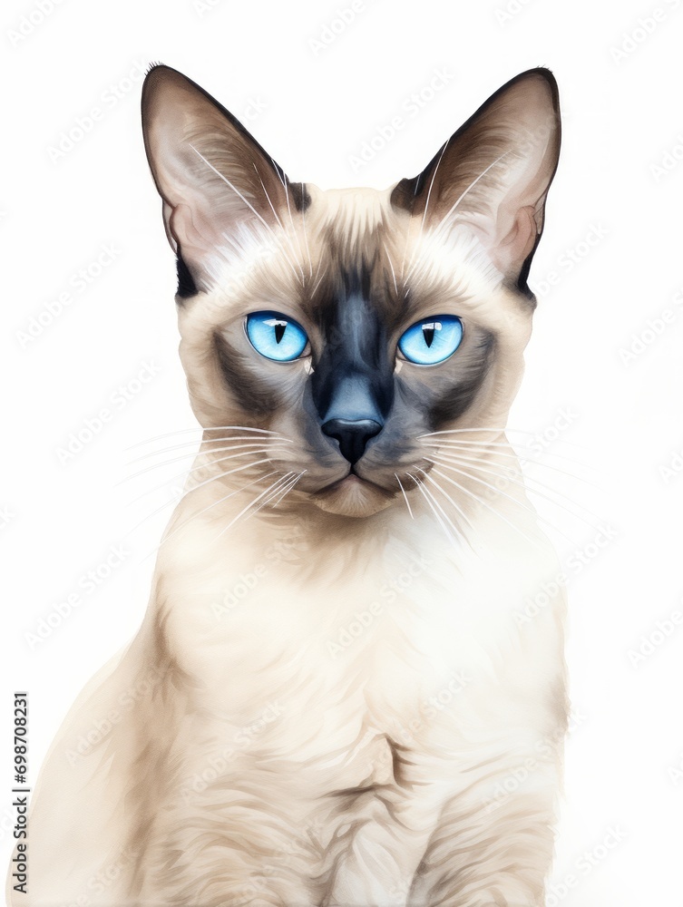 Minimalistic Watercolor Illustration of a Tonkinese Cat with Aqua Blue Eyes AI Generated