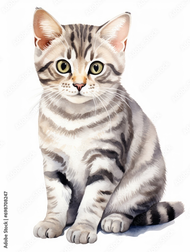 Minimalistic Superb Watercolor Illustration of a Sitting American Shorthair with a Classic Tabby Pattern AI Generated