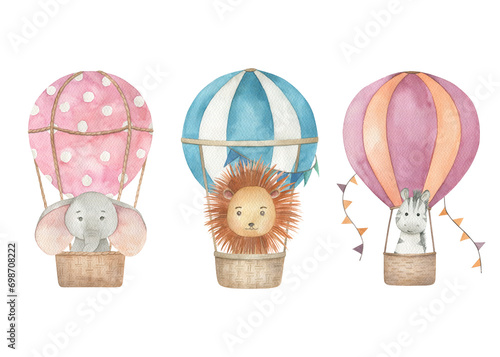Fly animal collection. Watercolor isolated airballoons with lion, elephant, zebra on white background photo