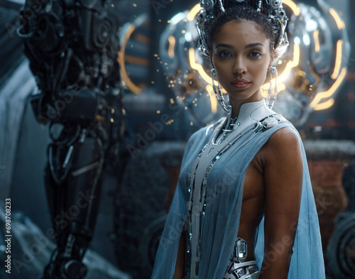 Fototapeta Naklejka Na Ścianę i Meble -  sci-fi future: multiracial woman in sexy dress, spaceship, good mood, space station, attractive everyday life