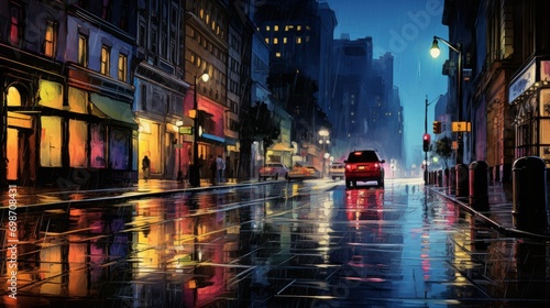 Rainy urban night: neon-lit city street with reflective wet pavement - perfect for urban art or quotes