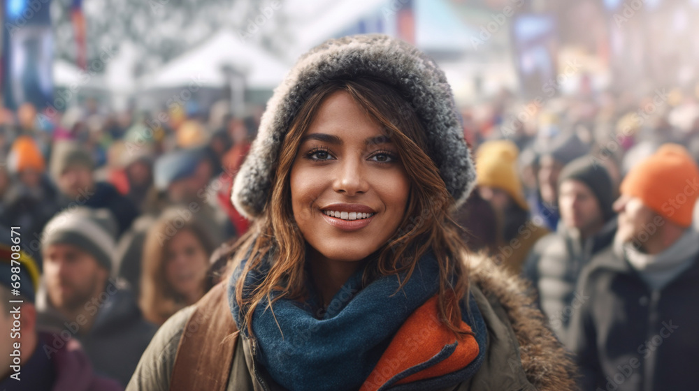 ski resort: multiracial woman in winter gear, smiling amid tourism influx, mountain vacation arrival ski resort: multiracial woman in winter gear, smiling amid tourism influx, mountain vacation arrival