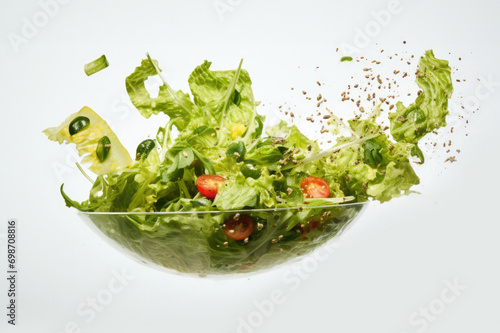 Flying air lettuce in a glass bowl on a white background