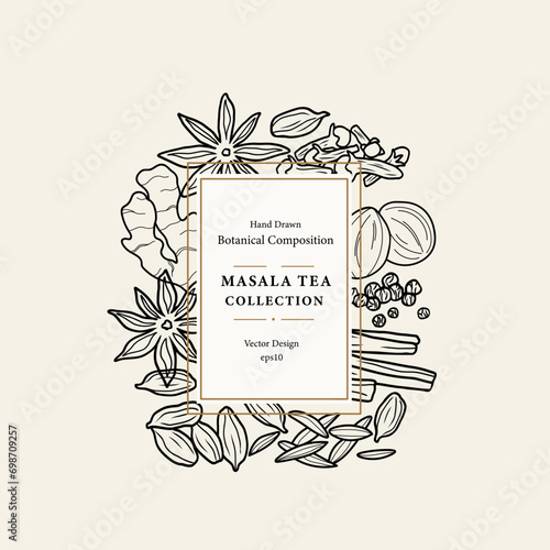Line art masala tea spices frame